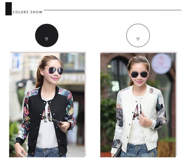 

brand 2016 flower print girl plus size casual baseball jacket women sweatshirts button thin bomber jacket long sleeves coat, Black;brown