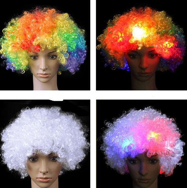 

halloween disco flashing curly wig rainbow afro wigs led clown hair wigs child costume glowing wigs football fan wig, Black;brown
