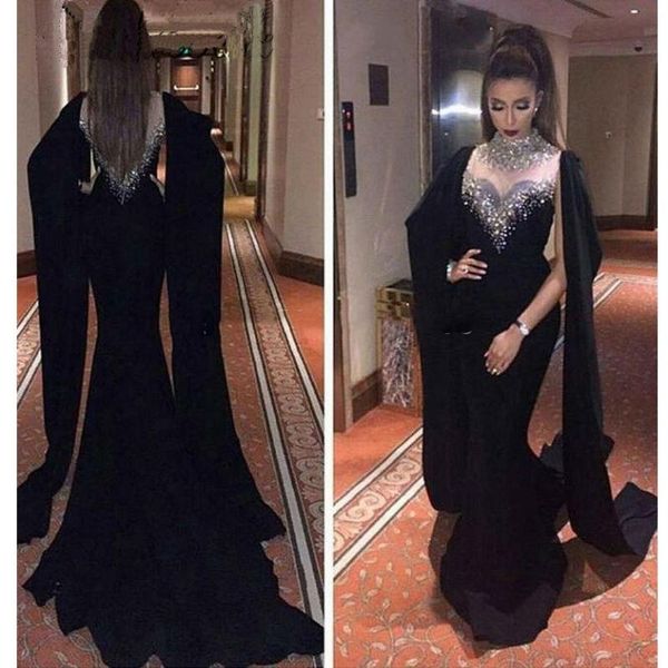 Grosshandel Gorgeous Black Saudi Arabien Abendkleider Elegante Meerjungfrau High Neck Crystal Dubai Prom Kleider Sexy Backless Long Sleeve Abendkleider