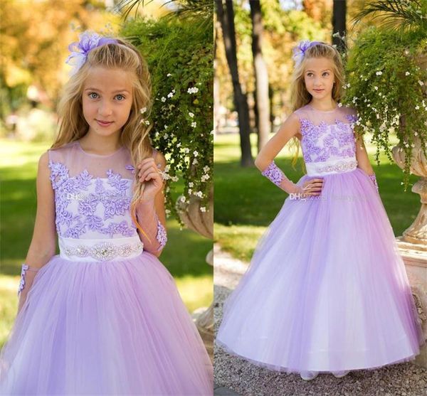 

lovely pink color girls dresses inllusion jewel lilac appliques tulle flower girls' dresses modest crew neck pageant girls dresses 2017, White;blue