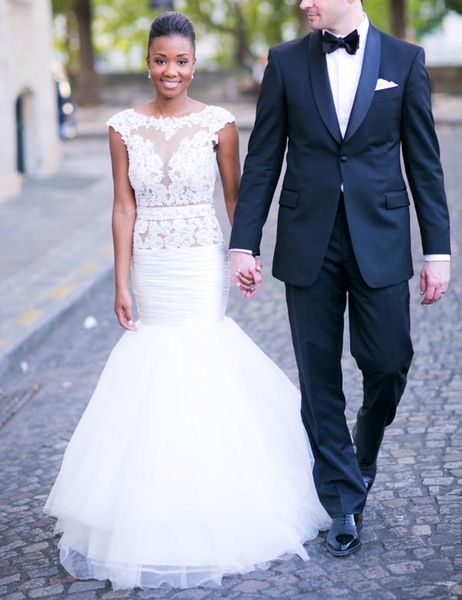 

2019 romantic mermaid wedding dress backless cap sleeve jewel neck beaded waist lace tulle floor length bridal gowns custom size, White