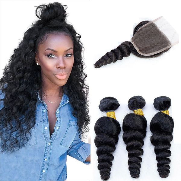 

malaysian virgin human hair weaves loose wave 3 bundles with 4x4 lace closure unprocessed malaysian remy hair bundles and lace closures, Black;brown