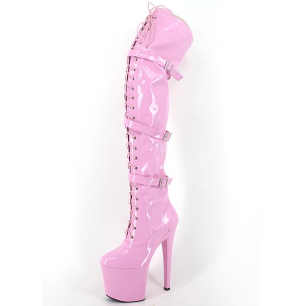 

wonderheel extreme high heel 20cm heel with platform pink patent buckles lace up over the knee fetish thigh high boots, Black