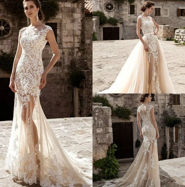 

vintage champagne mermaid wedding dresses ig sleeveless lace applique detachable train custom made a line bridal dress, White