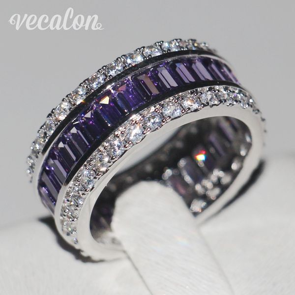 Vecalon mulheres moda jóias anel 15ct simulado diamante ametista cz 925 esterlina anel de banda de casamento de prata para mulheres