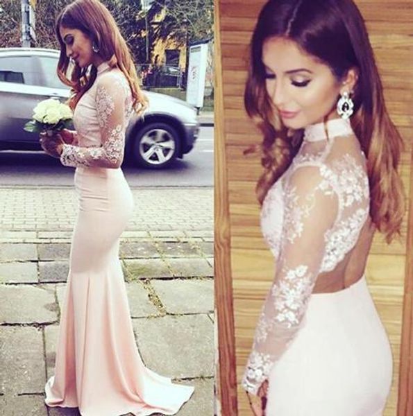 Moda 2016 Baby Pink Lace e Satin Mermaid Due pezzi Prom Dresses Lungo economici collo alto manica lunga Backless formale abito personalizzato EN92312