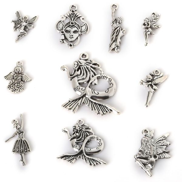 

new mix 64pcs/lot vintage charms angel pendant antique silver fit bracelets necklace diy metal jewelry findings jewelry makin, Bronze;silver