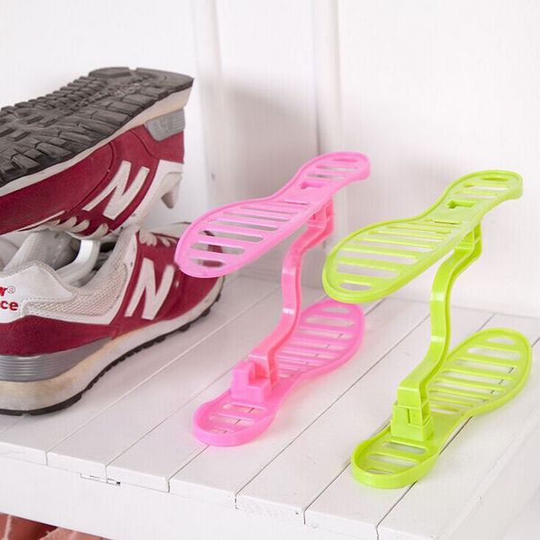 

wholesale-2016 zapatero mueble new candy color double layer adjustable plastic shoe hanger saving space holder rack k6545