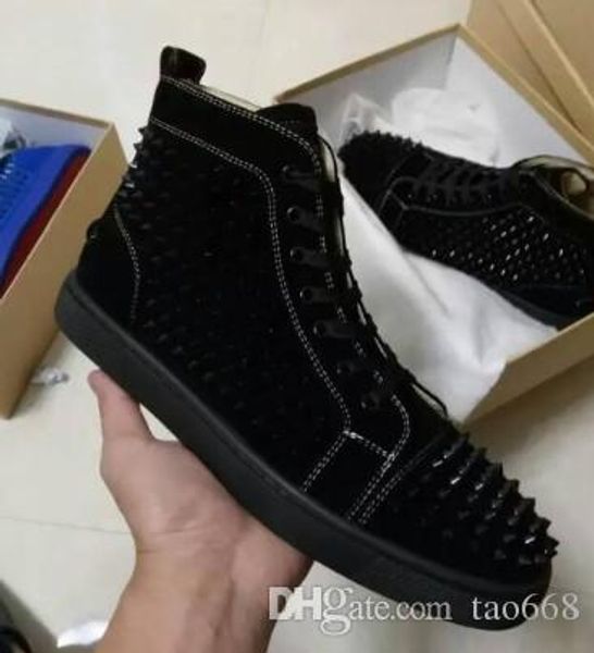 

модный бренд красные днища высокие верхние женщины и мужчины кроссовки натуральная кожа мода повседневная обувь с заклепками спайк chaussure, Black