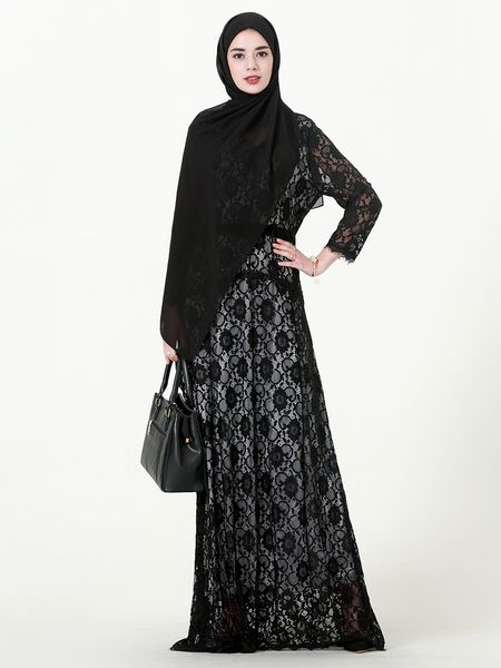 

new muslim women 3/4 sleeve lace abaya dress plus size islamic v neck kaftan dress, Red