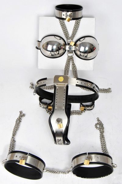 

female adjustable t-type steel chastity belt + thigh cuff + bra + collar + handcuff (5pcs in 1 set) chastity device set 3colors