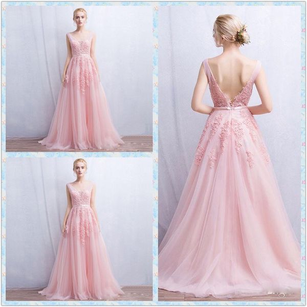 

elie saab 2018 pink evening dresses v neck sleeveless lace applique backless prom gowns sweep train a line vintage party dress, Black;red