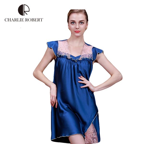 

wholesale-2016 women sleepwear lace nightgown for women imitated silk sleepwear dress girls nightgown hh706, Black;red