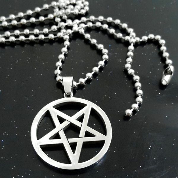 

wicca inverted pentagram stainless steel silver pendant and 24" ball necklace