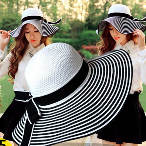 

wholesale- ht004 new 2017 fashion packable sun paper straw hat for women summer beach cap striped bow ribbon hats ladies summer floppy hat, Blue;gray