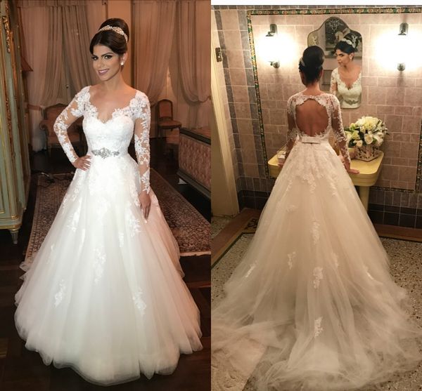

open back long sleeve wedding dresses v neck a-line lace wedding gowns with appliques belts waist elegant bridal dresses bruiloft, White