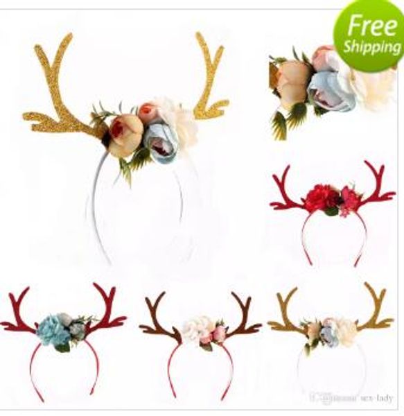 Mulheres Meninas Personalidade Engraçado Bonito Cervos Orelha Chifre Flor Hairbands Grampos de Cabelo Feitas À Mão Headbands Para Festa de Natal / Foto