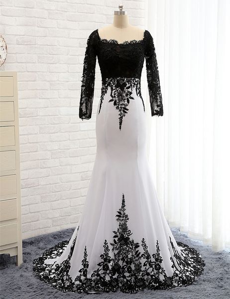 

new elegant mermaid white and black evening dresses long sleeve square neck black lace white chiffon party gowns custom made, Black;red