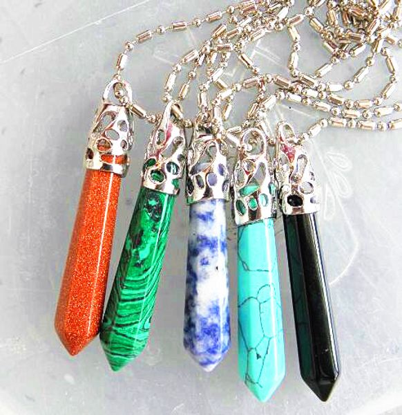 

crystal natural stone bullet shaped pendant necklace hexagonal prism stylish jewelry lovers personalized factory price mix color 15pcs, Silver
