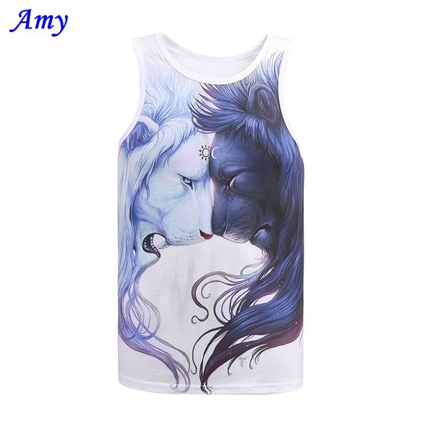 

wholesale- 2016 new men 3d vest sleeveless two lions digital printing men' tanks tees size m-xxl 6156, White;black