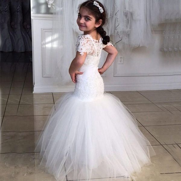 

amazing mermaid flower girl dresses sheer neckline capped sleeves vintage lace appliques soft tulle skirt little bride formal gowns, White;blue