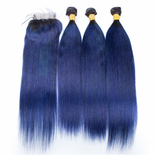 2019 Two Tone 1b Blue Ombre Straight Hair Weaves With Lace Closure