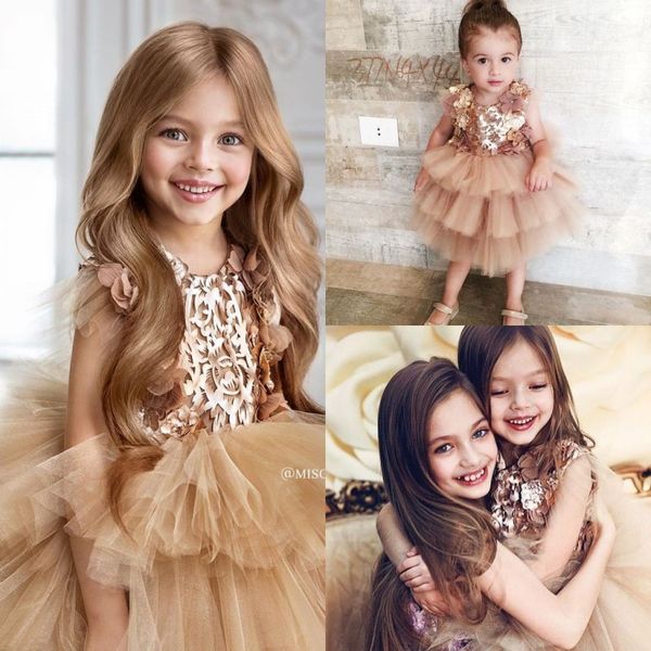 

hand made flower girls dresses for weddings lace applique champagne princess dress for little girl knee length vintage pageant gowns, White;blue