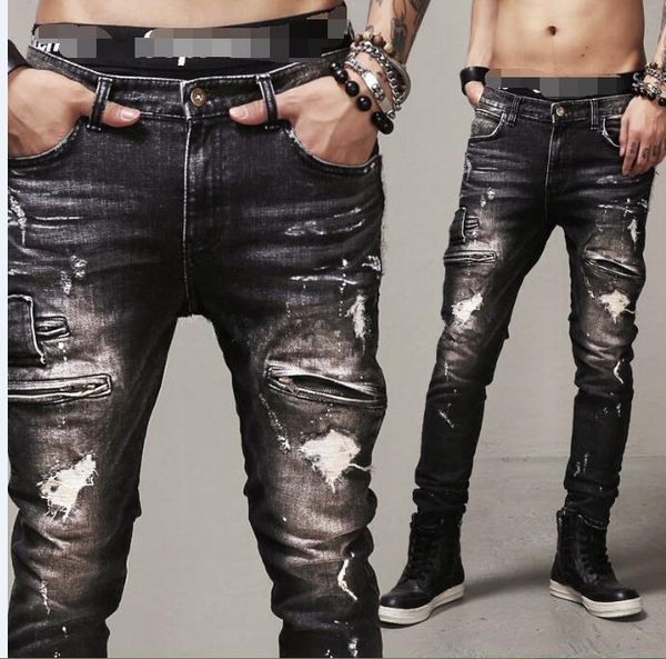 

ripped jeans hip-hop jeans men's fashion swag biker jeans hole straight jeans brand kanye west pants david beckham style, Blue
