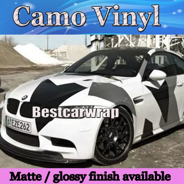 Großes schwarz weiß graues Pixel Camo Vinyl Car Wrap -Styling mit Luft Rlease Gloss/ Matt Arctic Camouflage Deckung Autoabziehbilder 1.52 x 30 m/ Roll