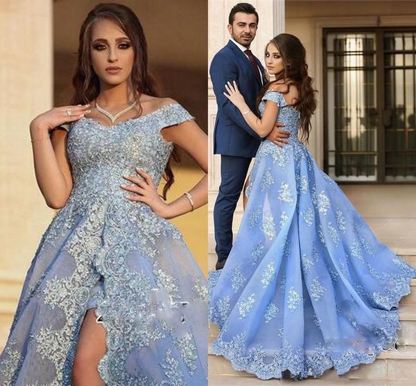 

Blue Off The Shoulder Prom Dresses Long Cap Sleeves Lace Appliques Side Split Celebrity Party Dress Count Train Custom made Evening Dress