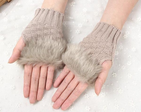 Mulheres menina malha Faux pele de coelho luvas Arm inverno Mittens comprimento mais quentes exterior luvas sem dedos presentes colorida do Xmas 2016