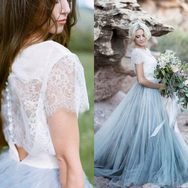 

stunning 2019 colorful country wedding dress white and pale blue bridal gowns sheer jewel neck short sleeves lace brides wear sweep train
