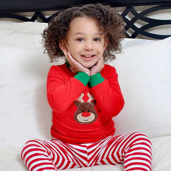 

girl clothing sets spring autumn girls christmas reindeer long sleeve t-shirt + striped pants children suit, White