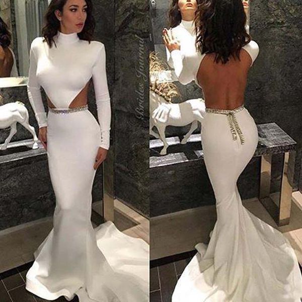 Sexy Backless Vestidos de Baile com Mangas Compridas Alta Pescoço Lado Corte de Ouro Beading Sweep Train Cetim Formal Vestidos de Noite Vestidos para o Pageant