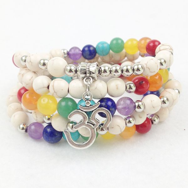 SN0200 2016 Novo Design 8mm Branco Turquesa 108 Mala Chakra Beads Pulseira 4 Envoltório OM Colar Charme Para As Mulheres Frete Grátis