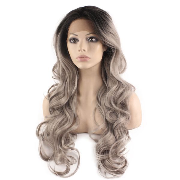 

long wavy black gray two tone lace front ombre wig