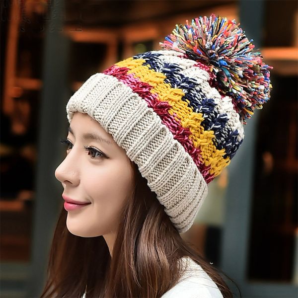 

wholesale-women motley color wool pom hem thick knitted fluffy winter warm striped casual skullies jacquard weave toboggans hats beanies, Blue;gray
