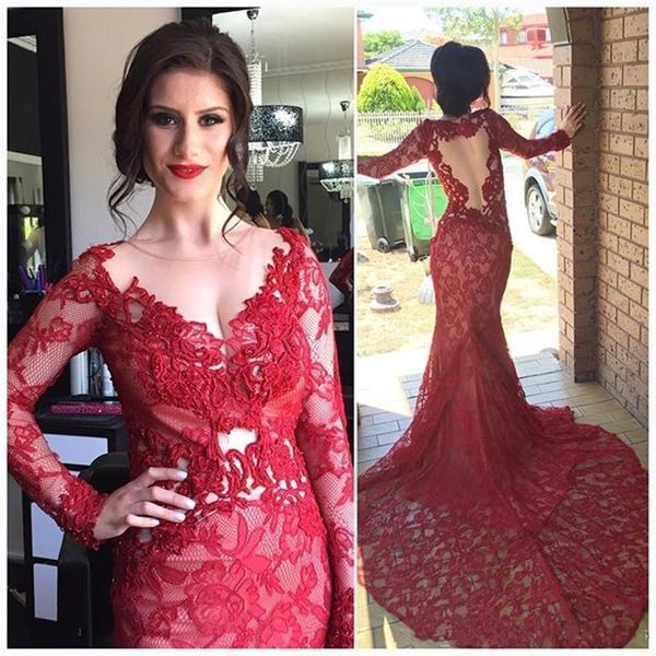 

vestidos de fiesta бургундия красное кружево русалка вечерние платья с длинными рукавами прозрачные платья для выпускного вечера без рукавов, Black;red