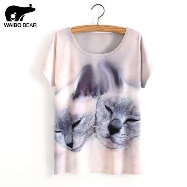 

wholesale-  loose short batwing sleeve women's t-shirt cute cat printed tees women t shirt animal print cotton, White