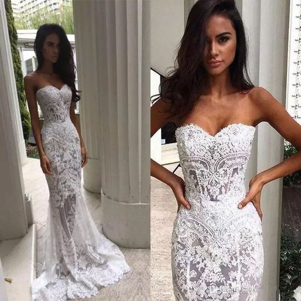 

berta mermaid wedding dresses backless illusion bodice lace appliqued bridal gowns sweetheart boho country weddiing dress, White