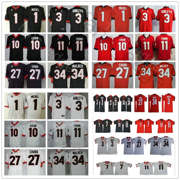 

georgia bulldogs college 10 jacob eason 11 jake fromm 27 nick chubb 7 dandre swift 34 herchel walker red white blue football jersey, Black
