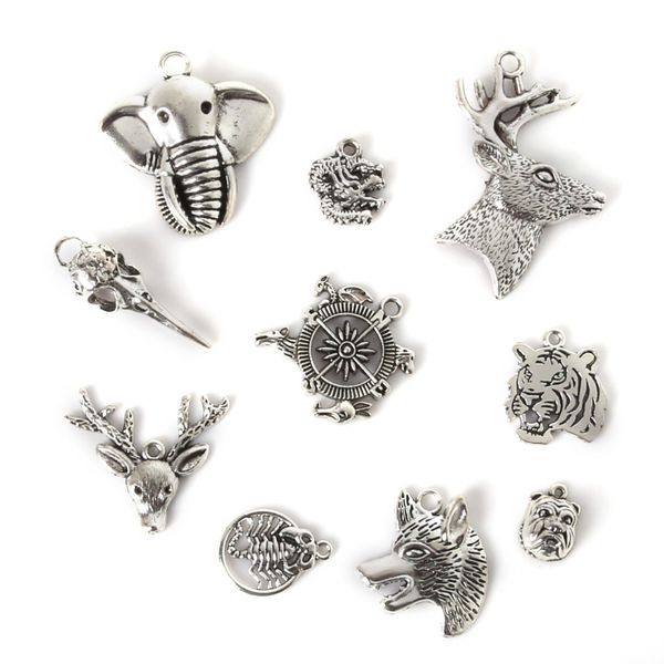 

new 34pcs mixed tibetan silver plated elephant tiger charms pendant statement jewelry making diy handmade jewellery mix lots, Bronze;silver