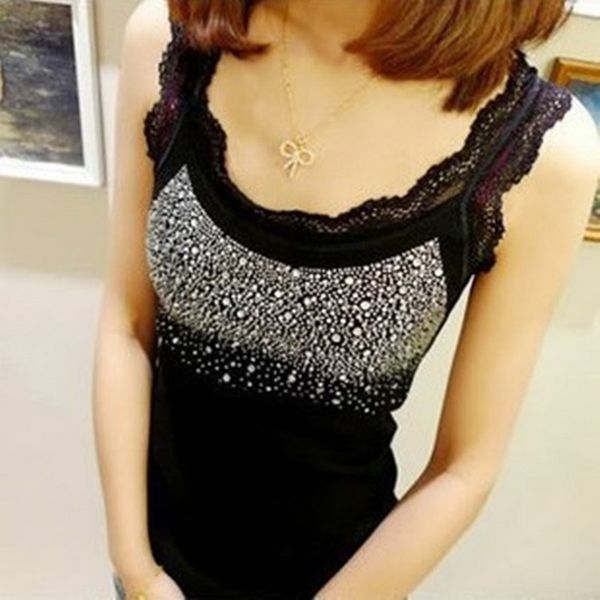 

wholesale-2016 women'solid clothing selling lace straps bottoming shirt drilling thread cotton lady vest popular ba022, Black;white