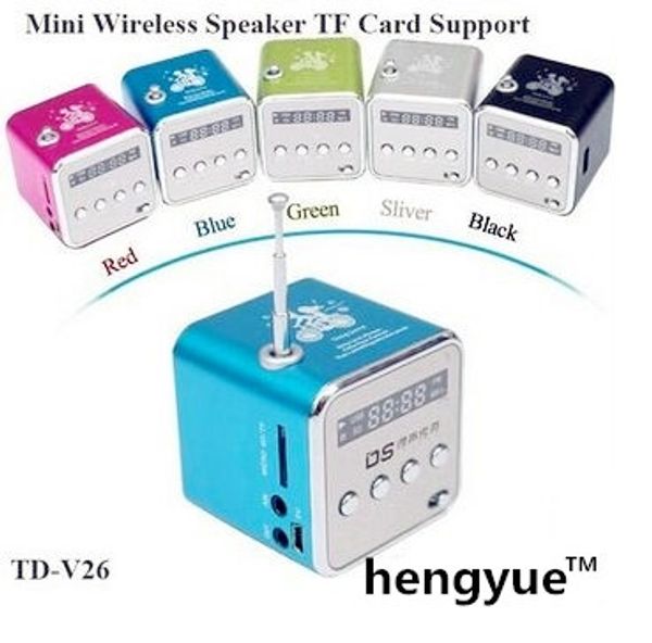 

120pcs/lot td-v26 mini speaker portable digital lcd sound micro sd/tf fm radio music stereo loudspeaker for lapmobile phone mp3