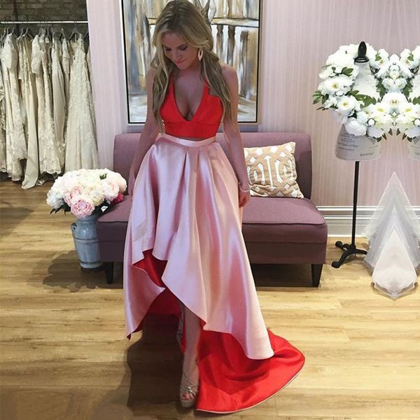 

high low prom dresses two piece evening dress prom dresses new arrvial custom made women wear, Black;red