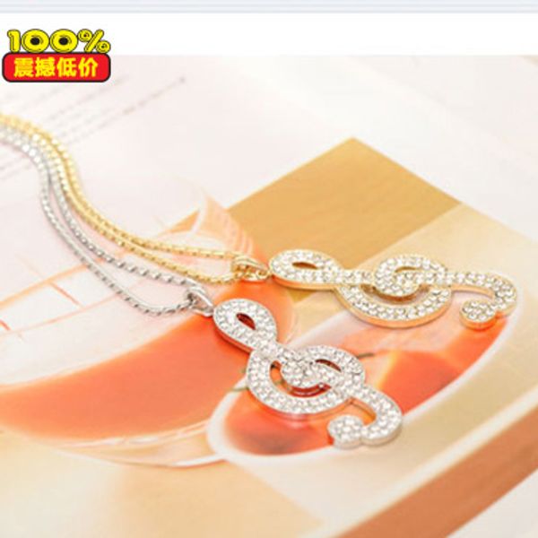 

music note necklace, sweater necklace, with full shinning diamond music note pendant, and high quality, Silver