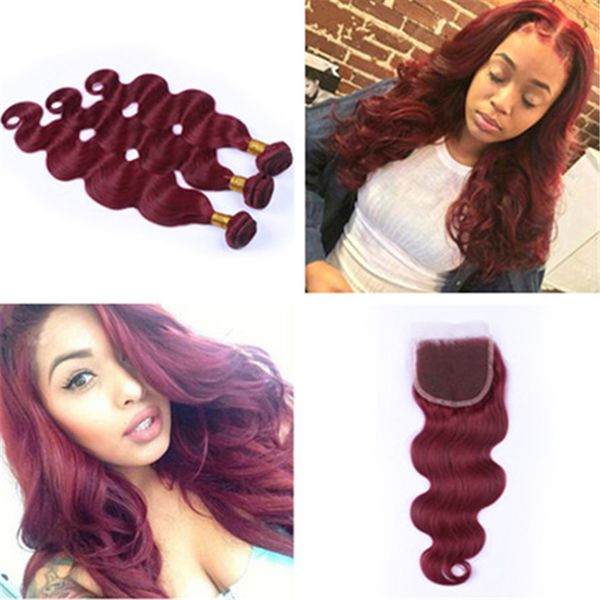 New Arrival 99j Wine Red Hair Weaves With Lace Closure 9a