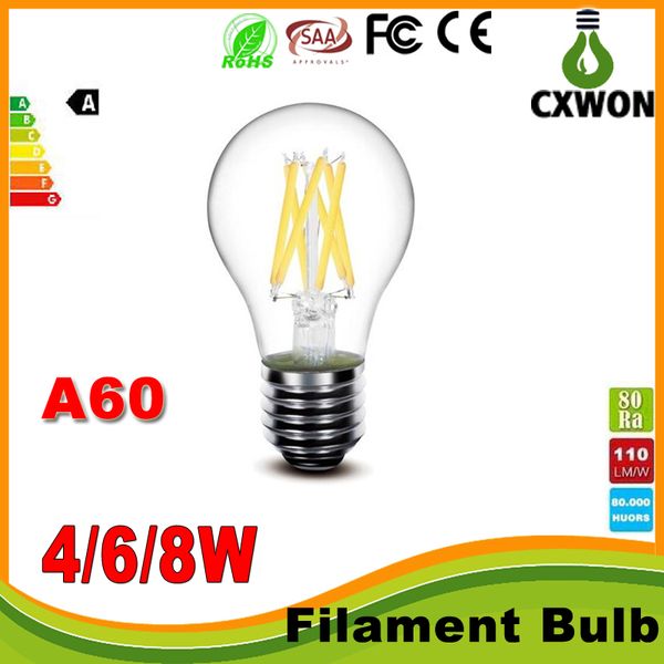 A60 светодиодная нитька накаливания лампочки классические Edsion светодиодные лампы Edison Type A19 Dimmable Filicame LED лампочка света 2W 4W 6W 8W E27 луковицы AC85 ~ 265V