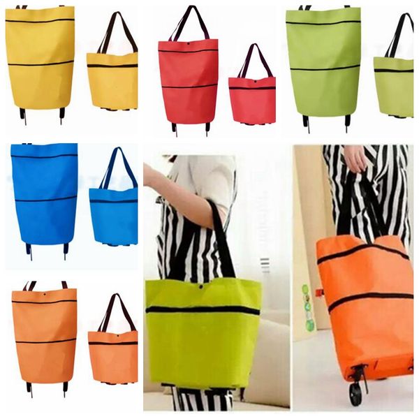 

Portable folding hopping bag trolley hand reu able torage hopping bag on wheel rolling grocery tote handbag kka3218