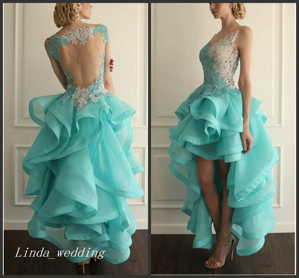 2019 Mint Green Color High Low Prom Kleid Sexy Rüschen Organza Spitze Quinceanera Kleider Abend Party Kleid Plus Größe vestidos de 256L